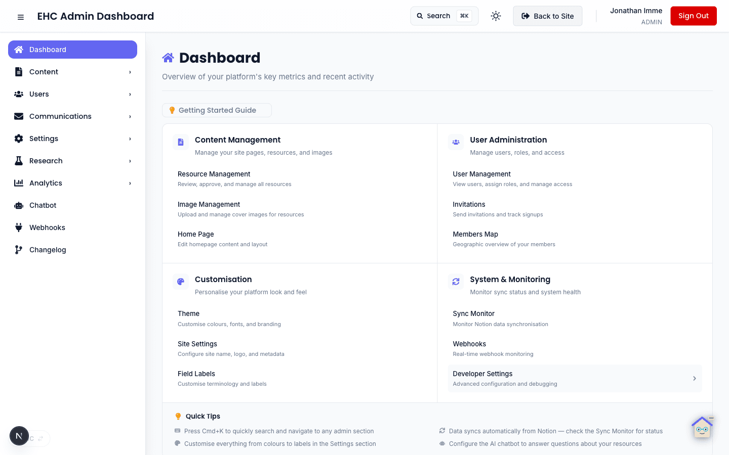 No-Code Admin Dashboard — desktop view